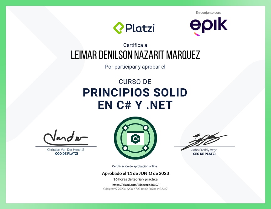 Diploma del Curso de Principios SOLID en C# y .NET