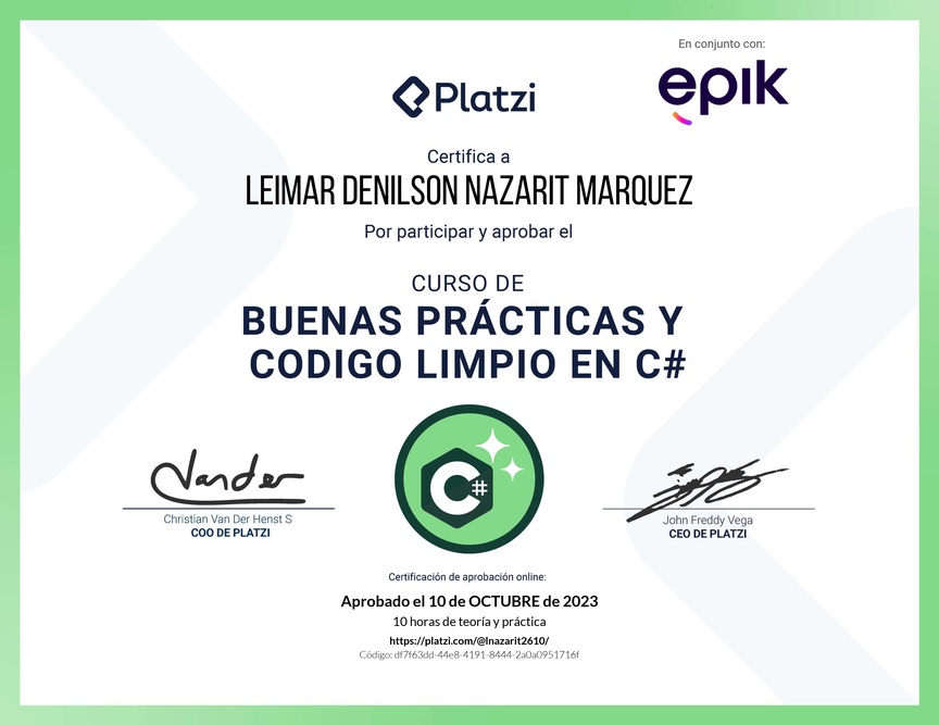 Diploma del Curso de Buenas Prácticas y Código Limpio en C#