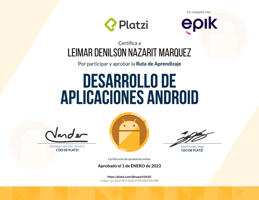 Diploma de la Ruta de Aprendizaje de Desarrollo de Aplicaciones Android
