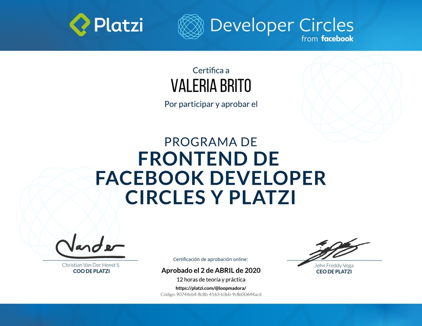 Diploma de Beca Facebook Developer Circles y Platzi