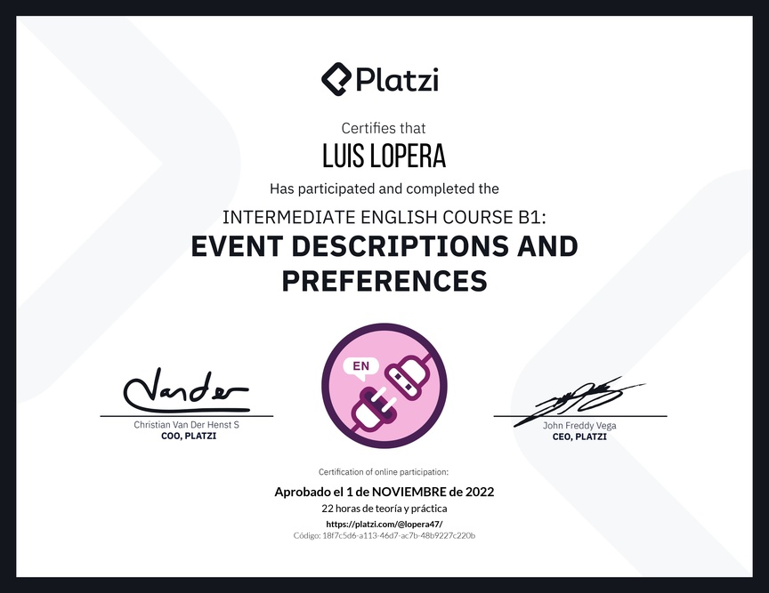 Diploma del Curso de Inglés Intermedio B1: Descripción de Eventos y Preferencias