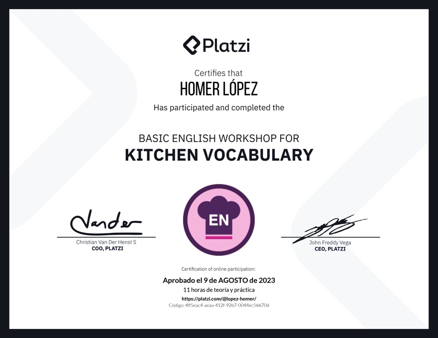 Diploma del Curso de Inglés Práctico sobre Vocabulario de Cocina