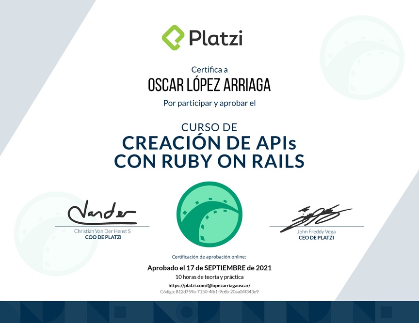 Diploma del Curso de Creación de APIs con Ruby on Rails