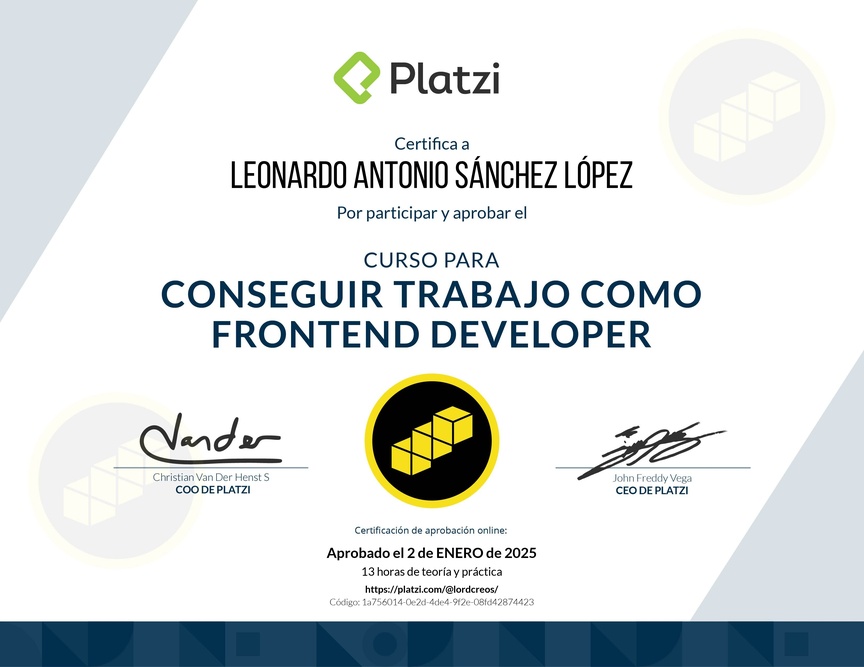 Diploma del Curso para Conseguir Trabajo como Frontend Developer