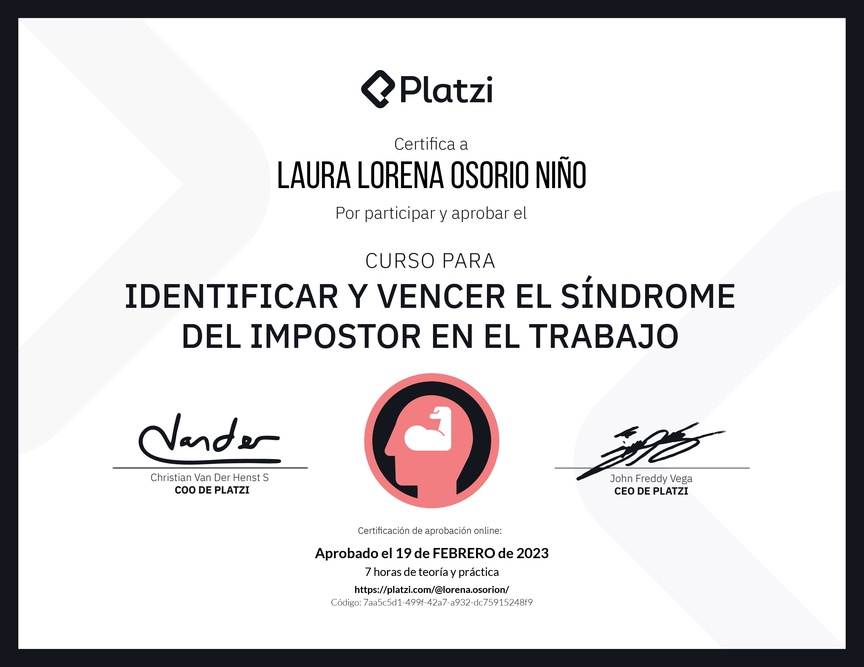 Diploma del Curso para Identificar y Vencer el Síndrome del Impostor