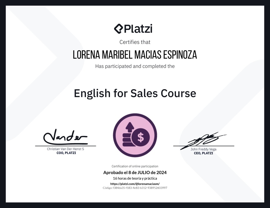 Diploma del Curso de Inglés para Ventas