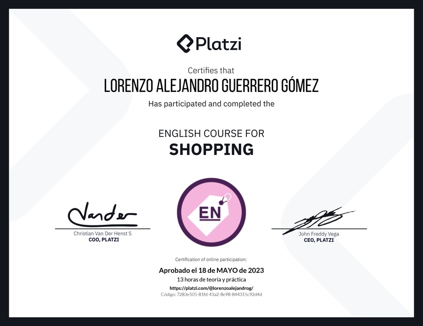 Diploma del Curso de Inglés para Compras (2020)