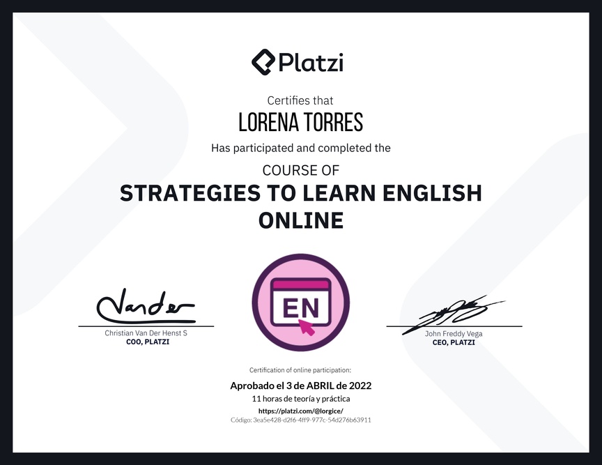 Diploma del Curso Gratis de Estrategias para Aprender Inglés en Línea