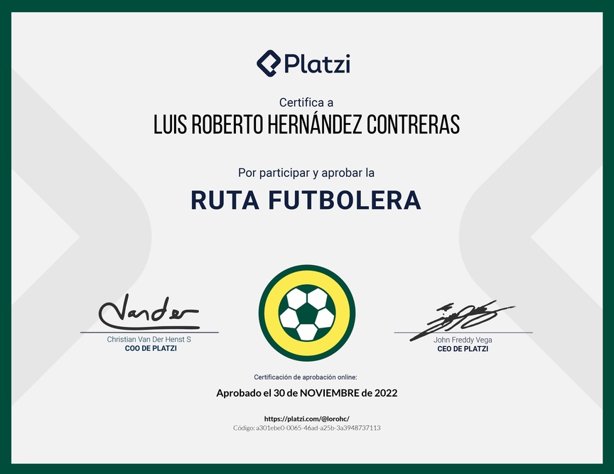 Diploma de la Ruta de Aprendizaje de La Ruta Futbolera Platzi