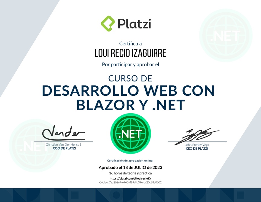 Diploma del Curso de Desarrollo Web con Blazor y .Net Core 3