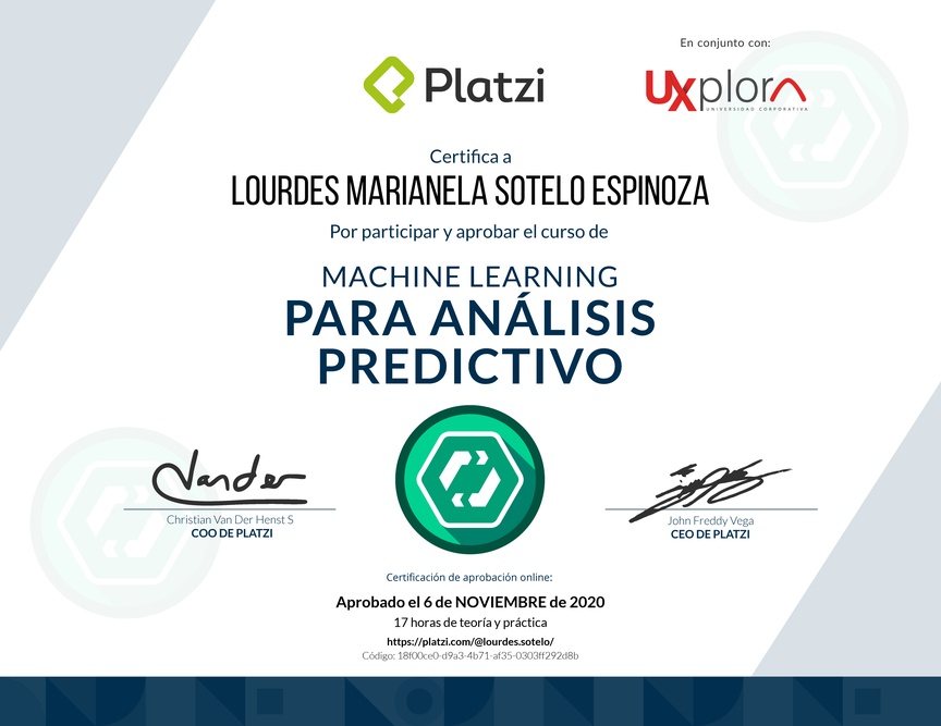 Diploma del Curso de Machine Learning para Análisis Predictivo