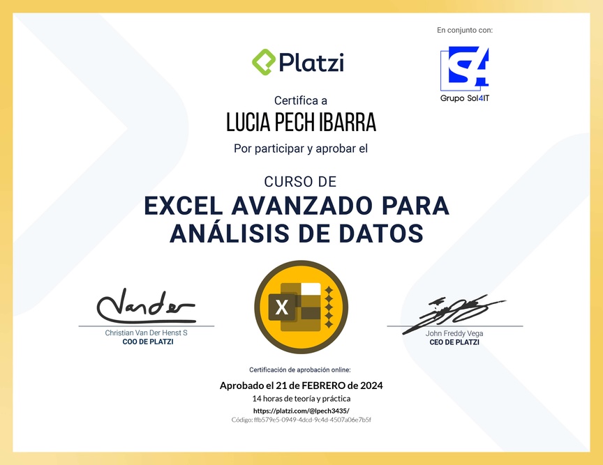 Diploma del Curso de Excel Avanzado para Análisis de Datos