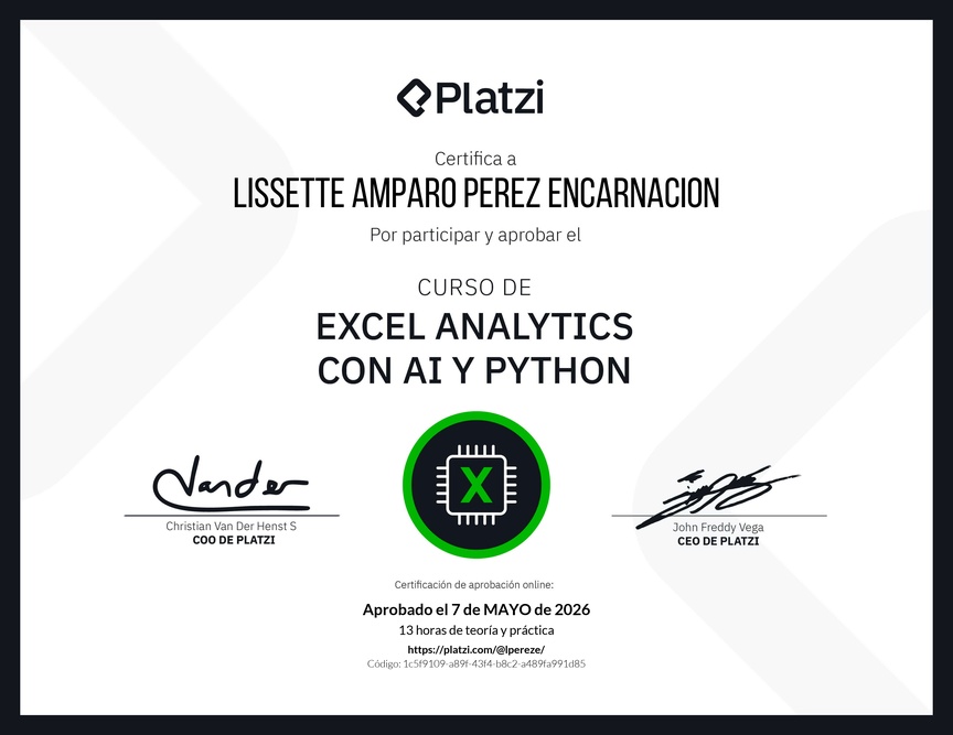 Diploma del Curso de Excel Analytics con AI y Python