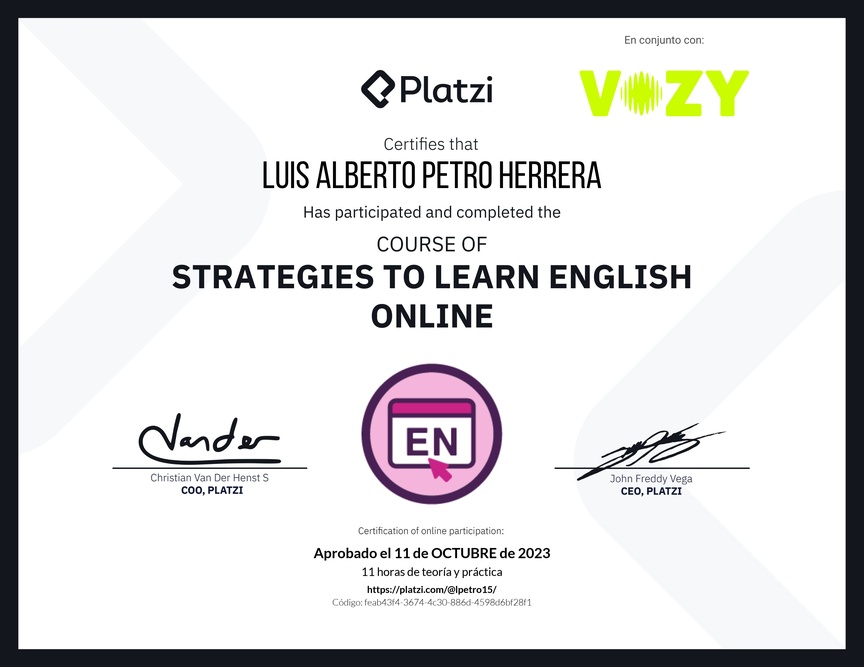 Diploma del Curso Gratis de Estrategias para Aprender Inglés en Línea