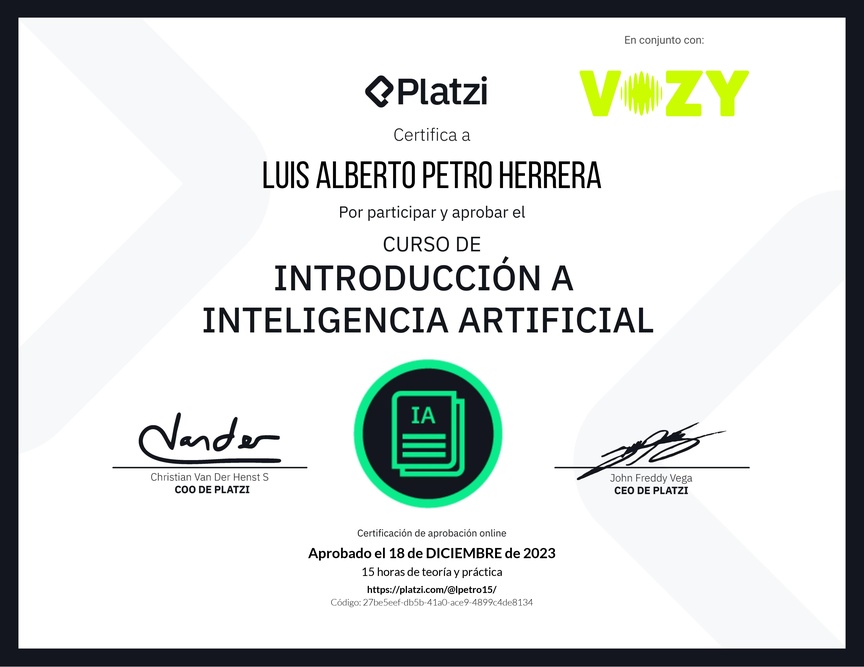 Diploma del Curso de Introducción a Inteligencia Artificial (2023)