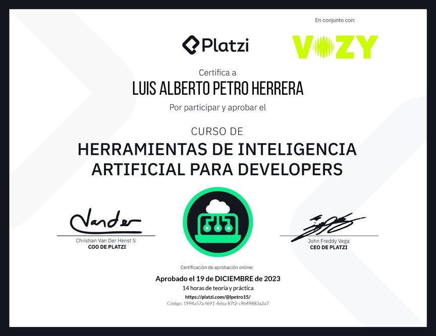 Diploma del Curso de Herramientas de Inteligencia Artificial para Developers (2023)
