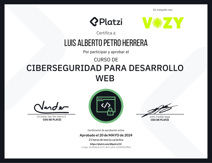 Diploma del Curso de Ciberseguridad para Desarrollo Web