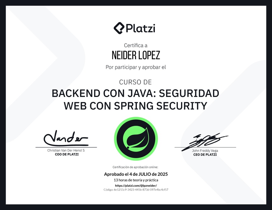 Diploma del Curso de Java Spring Security: Autenticación y Seguridad Web