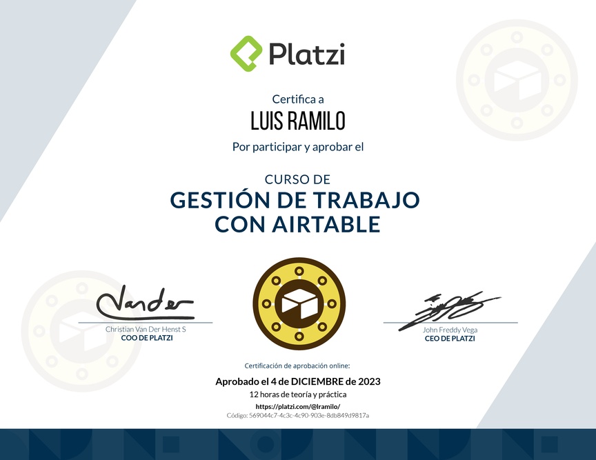 Diploma del Curso de Gestión de Trabajo con Airtable