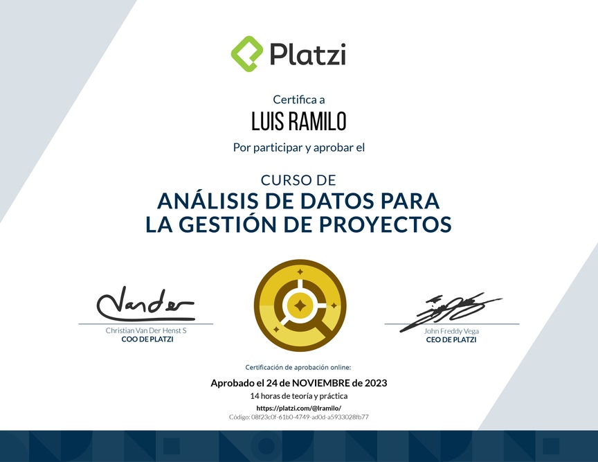 Diploma del Curso de Análisis de Datos para la Gestión de Proyectos