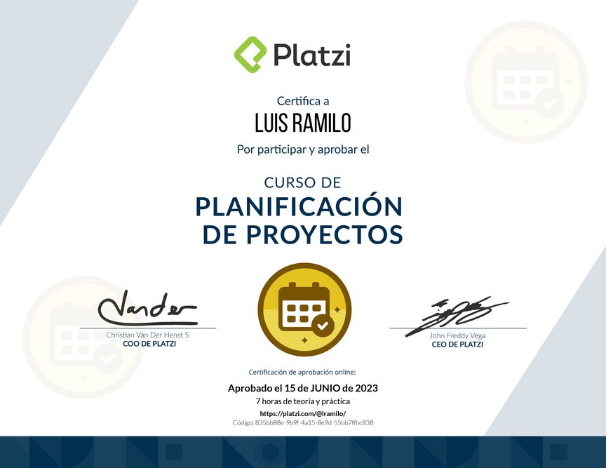 Diploma del Curso de Gestión para Planificar, Definir e Identificar Riesgos de un Proyecto