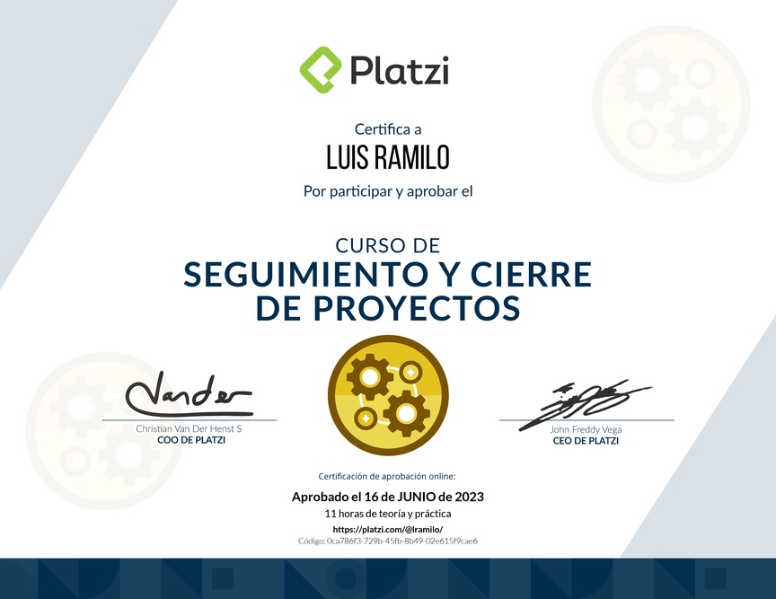 Diploma del Curso de Seguimiento y Cierre de Proyectos