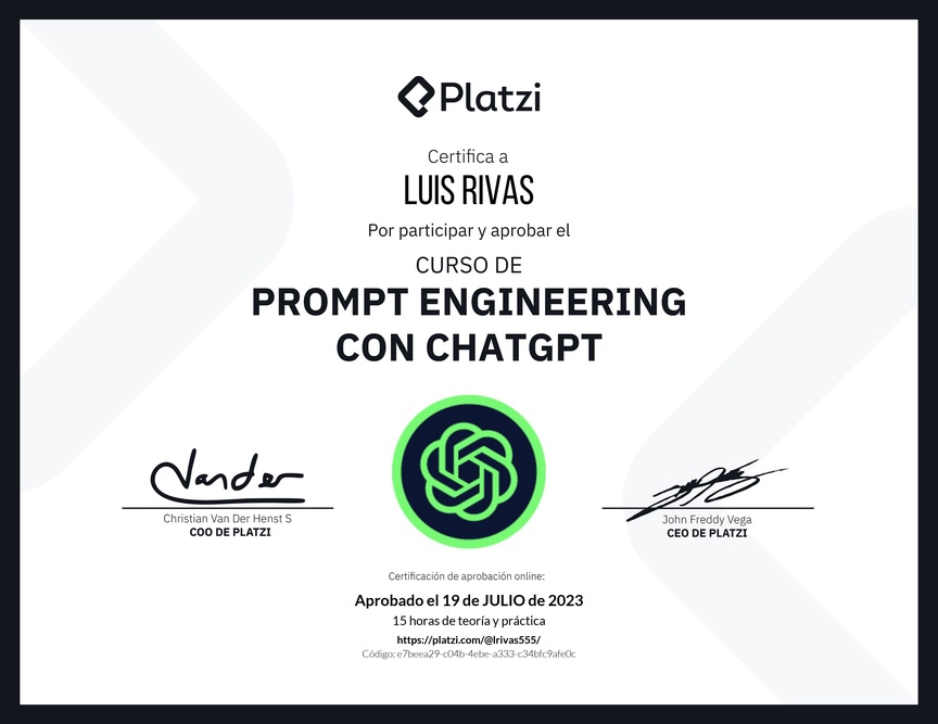 Diploma del Curso de Prompt Engineering con ChatGPT