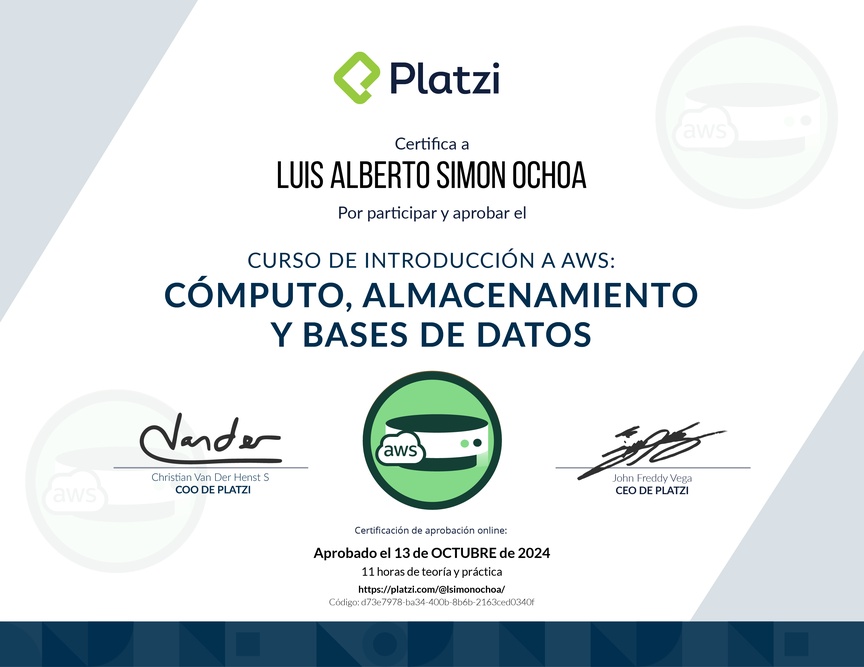 Diploma del Curso de Introducción a AWS: Cómputo, Almacenamiento y Bases de Datos