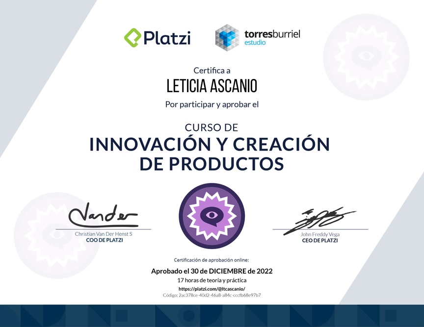 Diploma del Curso de Innovación y Creación de Productos