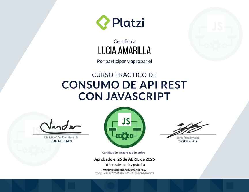 Diploma del Curso de API REST con Javascript: Ejemplos con APIs reales