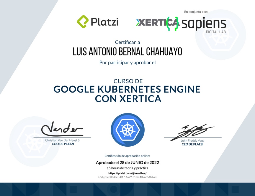Diploma del Curso de Google Kubernetes Engine (2018)