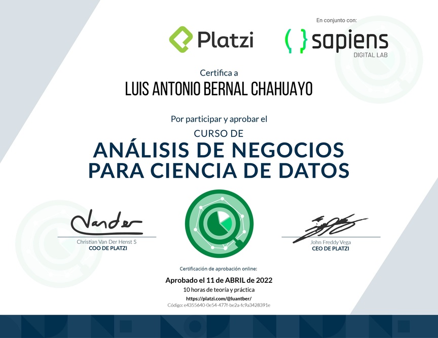 Diploma del Curso de Análisis de Negocios para Ciencia de Datos