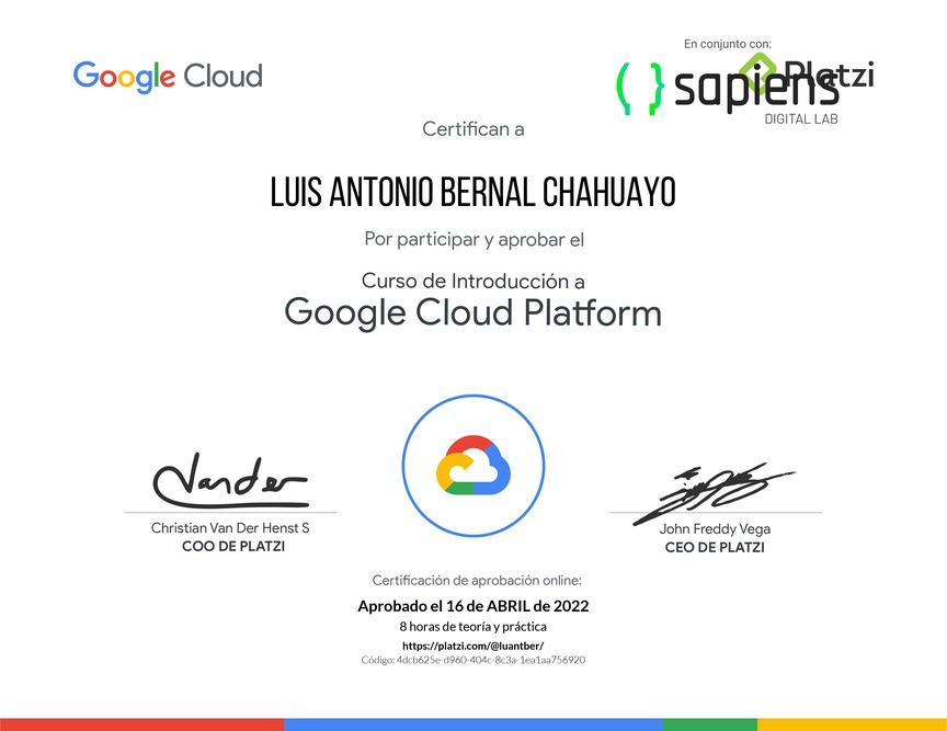 Diploma del Curso de Introducción a Google Cloud Platform