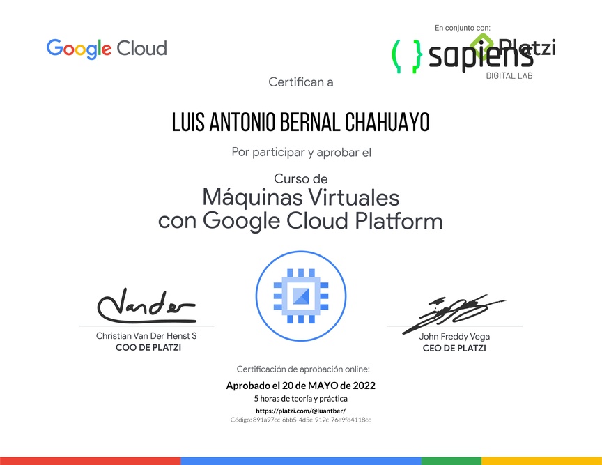 Diploma del Curso de Máquinas Virtuales con Google Cloud Platform