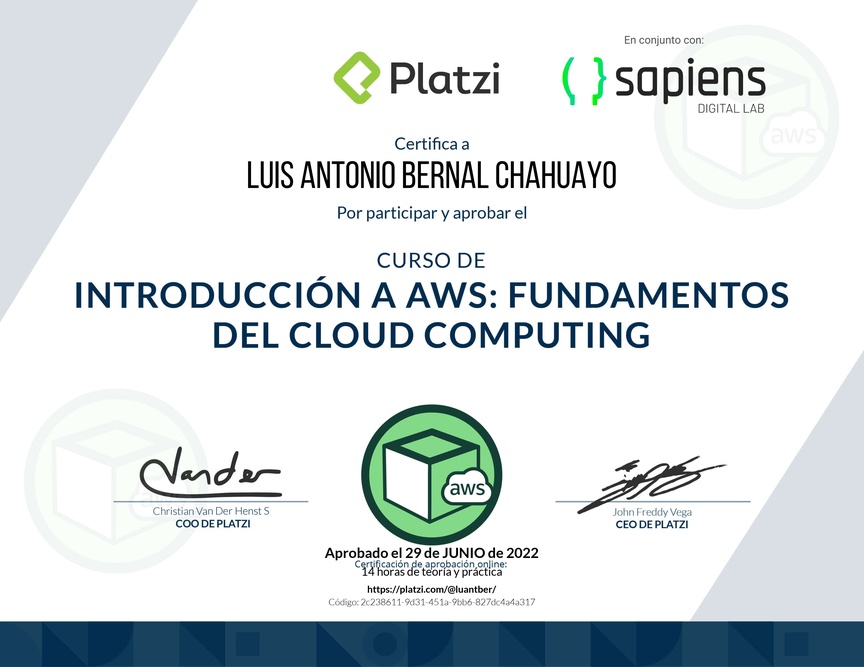 Diploma del Curso de Introducción a AWS: Fundamentos de Cloud Computing