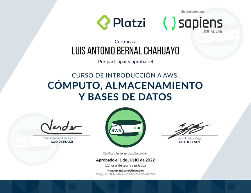 Diploma del Curso de Introducción a AWS: Cómputo, Almacenamiento y Bases de Datos