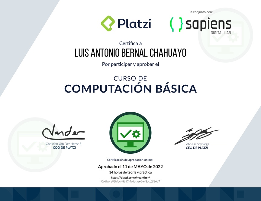 Diploma del Curso Básico de Computadores e Informática