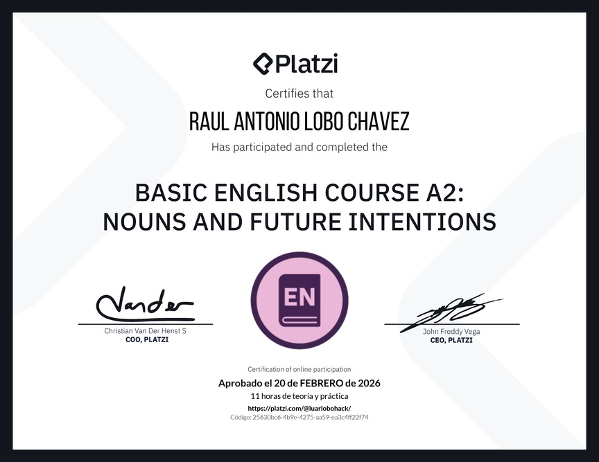 Diploma del Curso de Inglés Básico A2: Sustantivos e Intenciones Futuras