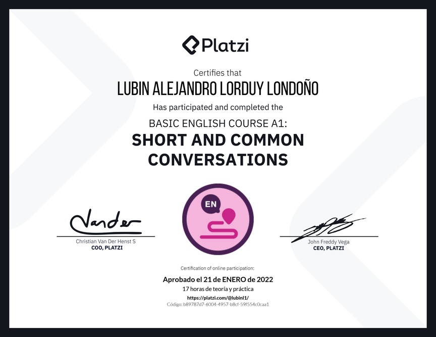 Diploma del Curso de Inglés Básico A1: Conversaciones Cortas y Habituales (2020)