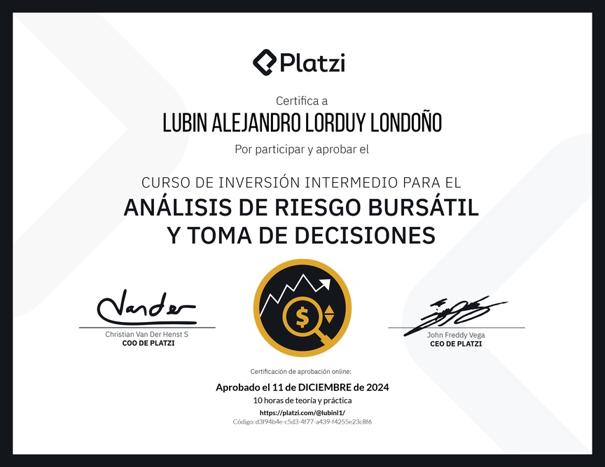 Diploma del Curso de Inversión Intermedio para el Análisis de Riesgo Bursátil y Toma de Decisiones