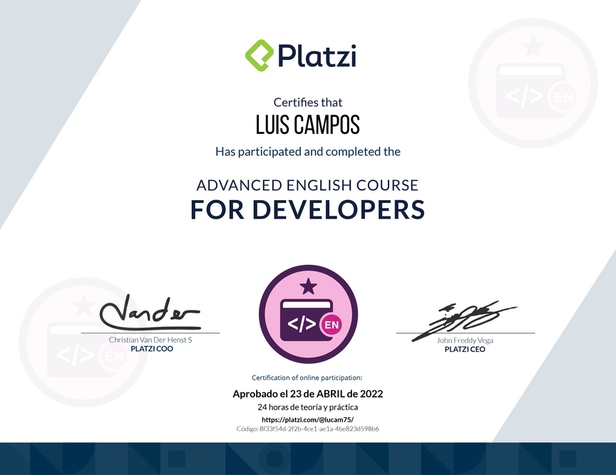 Diploma del Curso para Developers en Inglés (2020)
