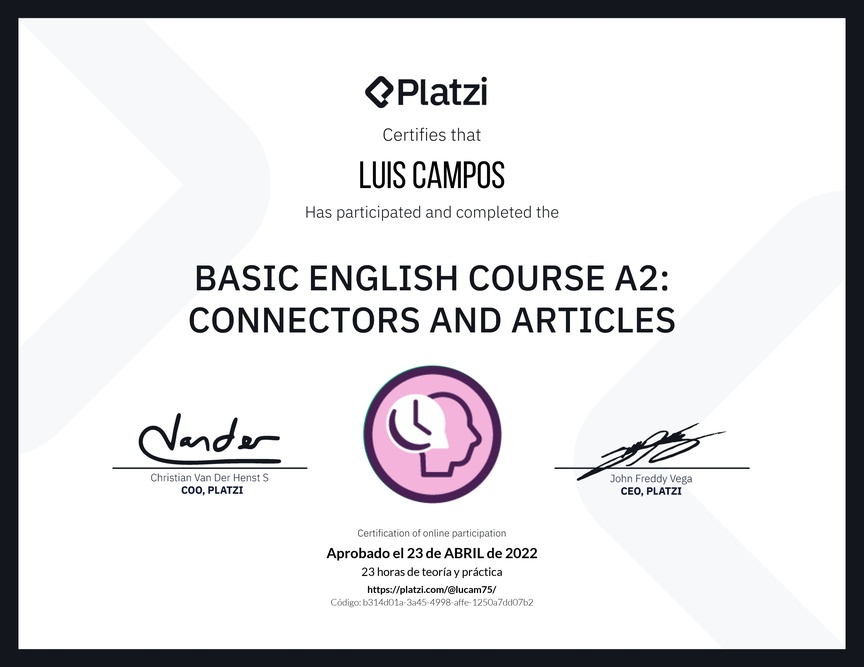 Diploma del Curso de Inglés Básico A2: Conectores y Artículos