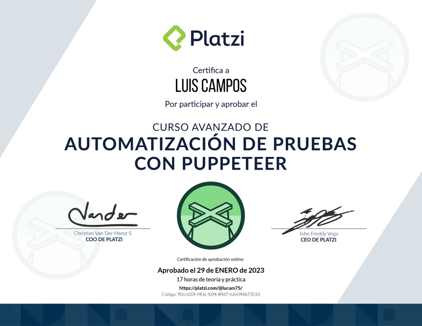 Diploma del Curso Avanzado de Automatización de Pruebas con Puppeteer