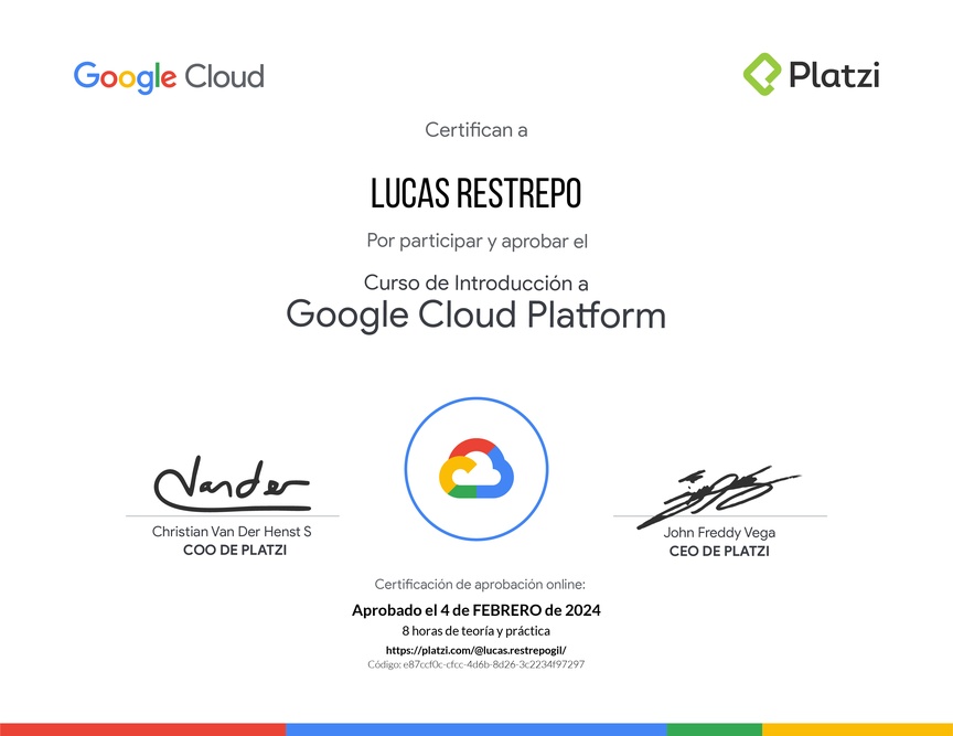 Diploma del Curso de Introducción a Google Cloud Platform