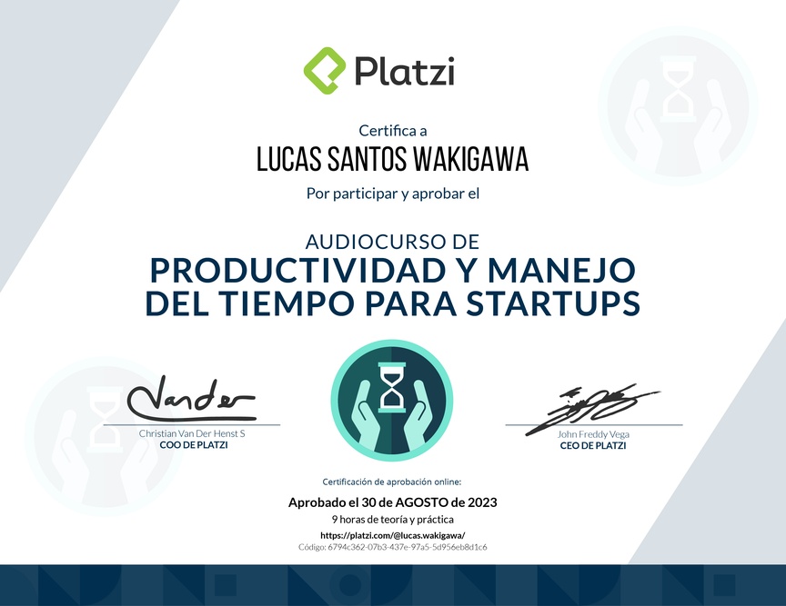 Diploma de Audiocurso de Productividad y Manejo del Tiempo para Startups