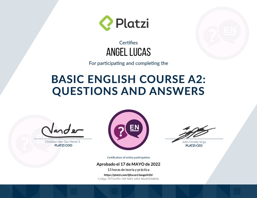 Diploma del Curso de Inglés Básico: Preguntas y Respuestas (2021)