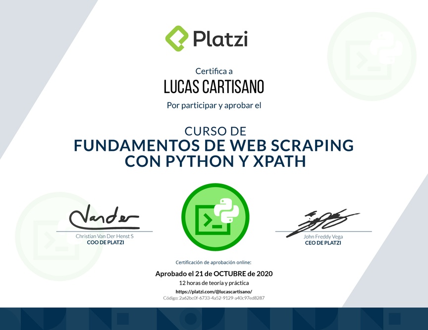 Diploma del Curso de Fundamentos de Web Scraping con Python y Xpath