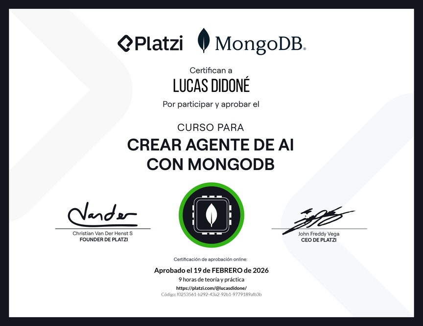 Diploma del Curso para Crear Agentes de AI con MongoDB