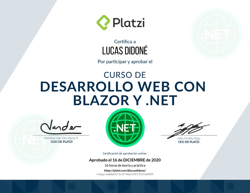 Diploma del Curso de Desarrollo Web con Blazor y .Net Core 3