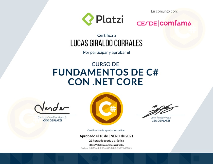 Diploma de Fundamentos de C# con NET Core 2.1